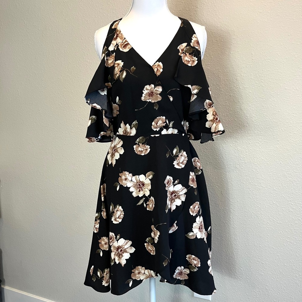 JOA Floral Cold Shoulder Ruffle Mini Dress Black Small Whimsigoth Fairycore Y2K